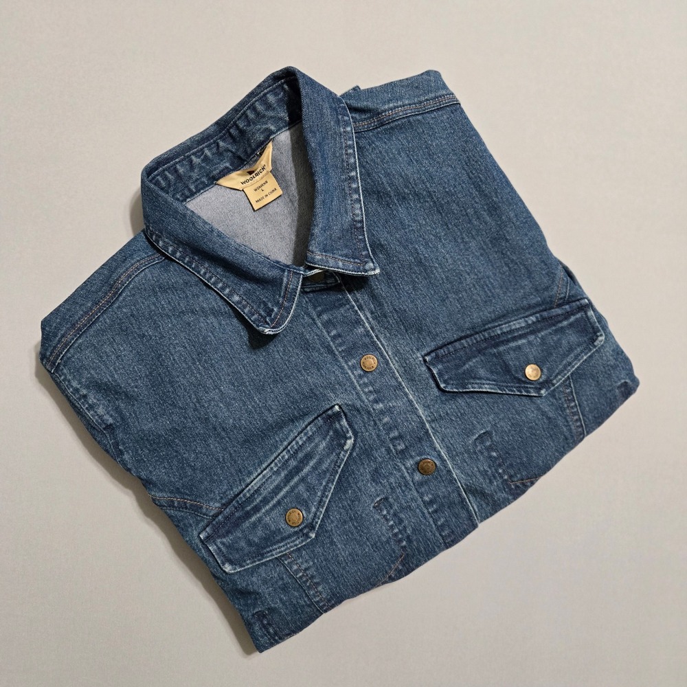 Woolrich Womens Denim Shirt Large Indigo Blue Stretch Western Chambray Workwear